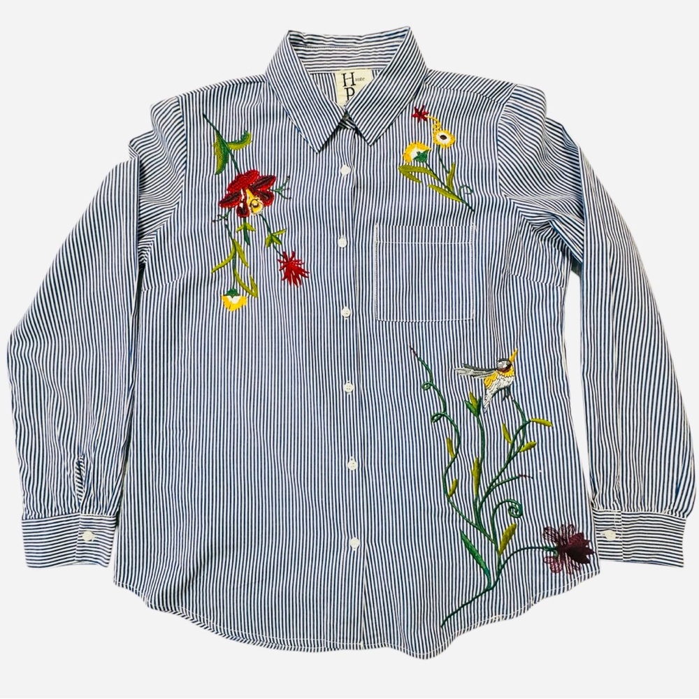 Haute Project Women’s Embroidered Floral Stripe Button Down Shirt Sz.Small